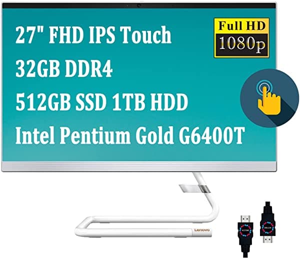 Lenovo IdeaCentre AIO 3 Premium - Computadora de Escritorio Todo en Uno I 27" FHD Pantalla Táctil IPS I Intel Pentium Gold G6400T I 32GB DDR4 512GB SSD 1TB HDD I DVD-RW WiFi Bluetooth Webcam Win10 Blanco + Cable HDMI Ideacentre AIO 3 27inch