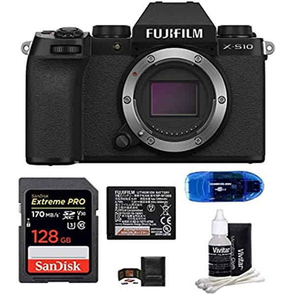 Fujifilm X-S10 Paquete de Cuerpo de Cámara Digital Sin Espejo Incluye SanDisk 128GB Extreme Pro Tarjeta de Memoria Batería Fujifilm de Repuesto FUJIFILM X-S10 Mirrorless Digital Camera