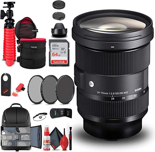 Sigma 24-70 Mm F 2.8 Dg Dn Art Lente Sony E 578965 Bundle + Mochila + Card De 64Gb + Lente Case + Reader De Tarjetas + Kit De Filtro De 3 Piezas + Con