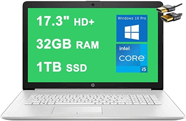 HP Notebook 17 de 17.3 Pulgadas HD+ Pantalla 11ª Generación Intel 4-Core i5-1135G7 (supera al i7-1065G7) 32 GB RAM 1 TB SSD Intel Iris Xe Teclado Retroiluminado Gráfico DVD-RW Win10 Pro Plata + Cable HDMI HP Laptop 17