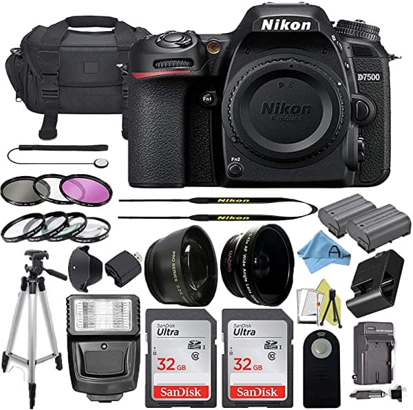 Cámara Digital Nikon D7500 de 20.9 MP con Pantalla Táctil LCD de 3.2 Pulgadas + 2 Tarjetas de Memoria SanDisk de 32GB + Funda Acolchada para Cámara + Luz de Flash Esclava + Paquete de Accesorios (Negro) BSNKD7500