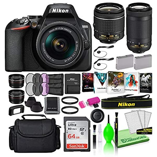 Nikon D3500 - Cámara Digital DSLR de 24.2 MP con Lentes de 0.709-2.165 in y 2.756-11.811 in (1588) Modelo de EE. UU. Paquete de Lujo - Incluye Tarjeta SD SanDisk de 64GB + Bolso para Cámara Grande + Software de Edición + Batería de Repuesto + Filtros 1659-MP-2