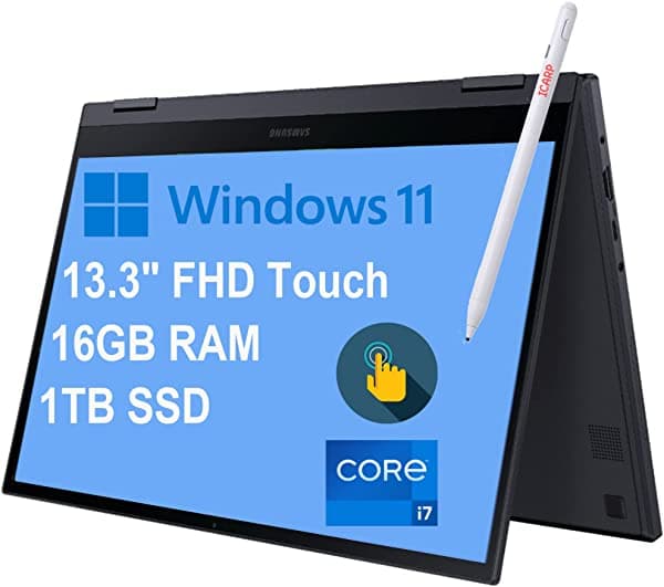 Samsung Galaxy Book Flex2 13 Flagship 2 En 1 Laptop De Negocios 13.3 Pulgadas Fhd Qled Pantalla Táctil De 11ª Generación Intel Quad-Core I7-1165G7 16Gb Ram 1Tb Ssd Retroiluminado Kb Huella Dactilar Usb-C Wifi6 Win11 Negro + Bolígrafo
