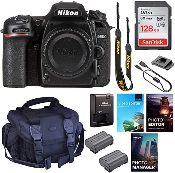 Cámara Dslr Nikon D7500 (Solo Cuerpo) || 20.9Mp Formato Dx|| Vídeo 4K Uhd || Sellado Para La Intemperie || Wi-Fi Con Funda Acolchada Paquete De Software De Edición De Foto Y Vídeo Y Memoria De Alta Velocidad De 128 Gb