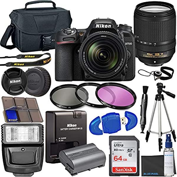 Nikon D7500 Cámara Dslr Con Lente Vr De 0.709-5.512 In + Tarjeta De 64 Gb Trípode Flash Kit De Filtro De 3 Piezas Funda Y Más