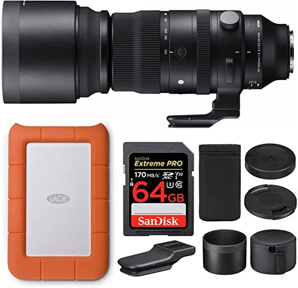 Sigma Lente De Zoom Deportivo De 5.906-23.622 In F/5-6.3 Dg Dn Os Para Sony E Con Disco Duro Lacie Rugged Mini De 1 Tb Y Paquete De Tarjeta Sd De 64 Gb (3 Artículos) 747965_K1