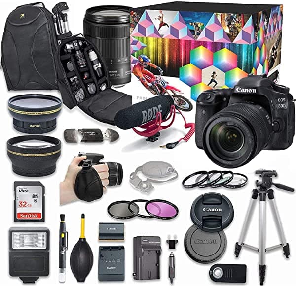 Canon Eos 80D Kit De Video Creator De Cámara Réflex Digital Con Lente Canon Ef-S 18 - 135 Mm F/3.5 - 5.6 Is Usm Lente + Lente Gran Angular + 2 X Telephoto Lente + Flash + Sandisk 32 Gb Tarjeta De Memoria Sd + Accesorio Bundle