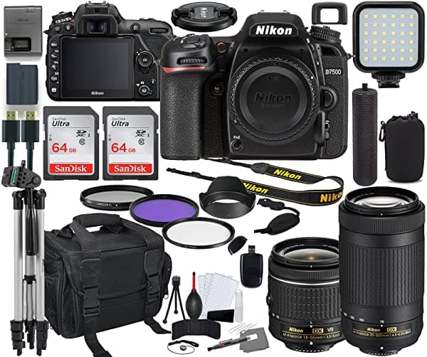 Nikon D7500 Cámara Dslr Con 0.709-2.165 In Vr Y 2.756-11.811 In Lente Paquete + Kit De Accesorios Prime Incluyendo Memoria De 128 Gb Luz Funda De Cámara Agarre De Mano Y Más