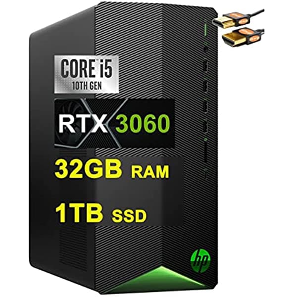 Hp Pavilion - Computadora De Escritorio Para Juegos De 10ª Generación Intel Hexa-Core I5-10400F Procesador 16Gb Ram 1Tb Ssd Geforce Rtx 3060 12Gb Gráfico Usb-C Diplayport Bluetooth Negro + Cable Hdmi