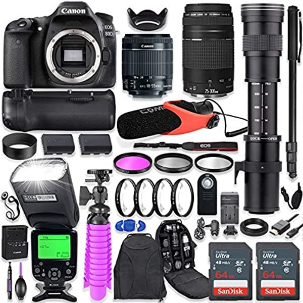 Canon Eos 80D Dslr Kit De Cámara Con Canon 0.709-2.165 In Y 2.953-11.811 In + Lente De Zoom Teleobjetivo De 16.535-31.496 In + Empuñadura De Batería + Flash Ttl (Hasta 180 Pies) + Micrófono Cómico + Memoria De 128 Gb + Paquete De Accesorios PZ-80dVAR-011819