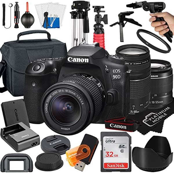 Cámara Réflex Digital Canon Eos 90D Con Lente De 0.709-2.165 In + Lente De 2.953-11.811 In + Tarjeta De 32 Gb + Trípode + Funda + Paquete De Accesorios Megaaccessory (Paquete De 22 Piezas) (Sandisk 32 Gb)