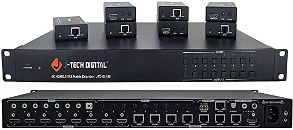 J-Tech Digital 4K60Hz 8X8 Puertos Hdmi Switch 1 Hdbaset Matrix Con 7 Receptores (Poc) Soporta 4Kx2K60Hz 420 Hdcp 2.2 Ir Spdif Rca Tcp/Ip Rs232 Edid Con Control 4 Controlador Disponible JTECH-4K88-EX