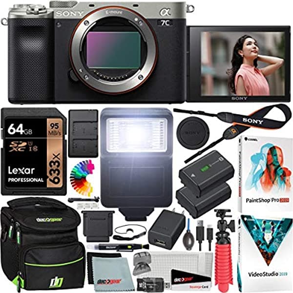 Sony A7C Cámara Full Frame Sin Espejo Alpha 7C Cuerpo de Lente Intercambiable Solo Plata ILCE7C/S Pack con Bolso para Equipo Deco + Batería Extra + Flash + Filtros + Tarjeta de 64 GB + Kit de Software y Accesorios E12SNILCE7CS