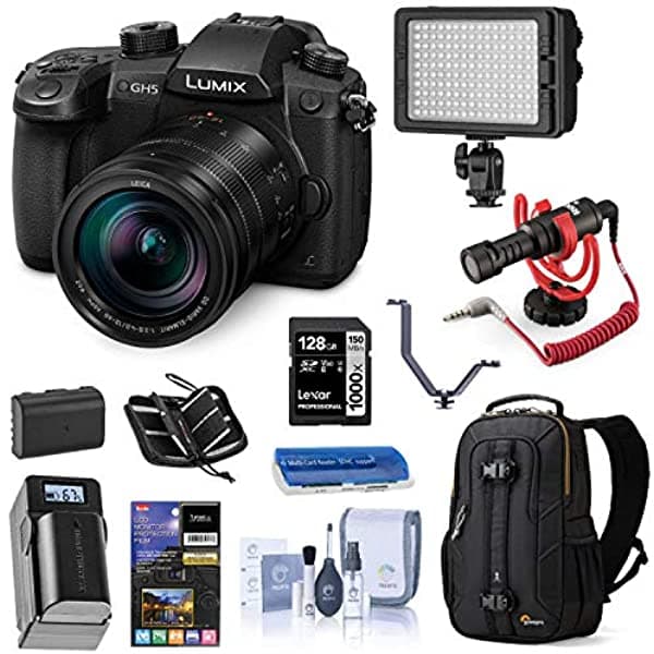 Panasonic Lumix Gh5 4K Cámara Digital Sin Espejo Con Lente Leica De 0.472-2.362 In (Dc-Gh5Lk) Paquete Con Luz Led Micrófono Rode Videomicro Mic Mochila Batería Cargador Tarjeta Sd De 128 Gb + Accesorios