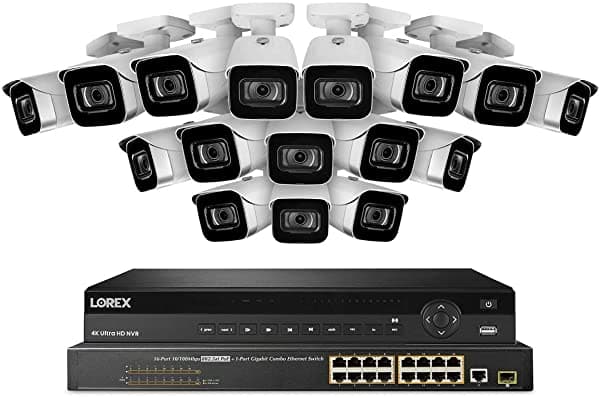 Lorex Nc4K8-3216Wb Sistema De Vigilancia 4K De 32 Canales Con N882A38B 8Tb 4K Fusion Nvr Conmutador Poe Acclps263B De 16 Puertos Y 16 Cámaras E841Ca-E 8Mp Blanco Bullet