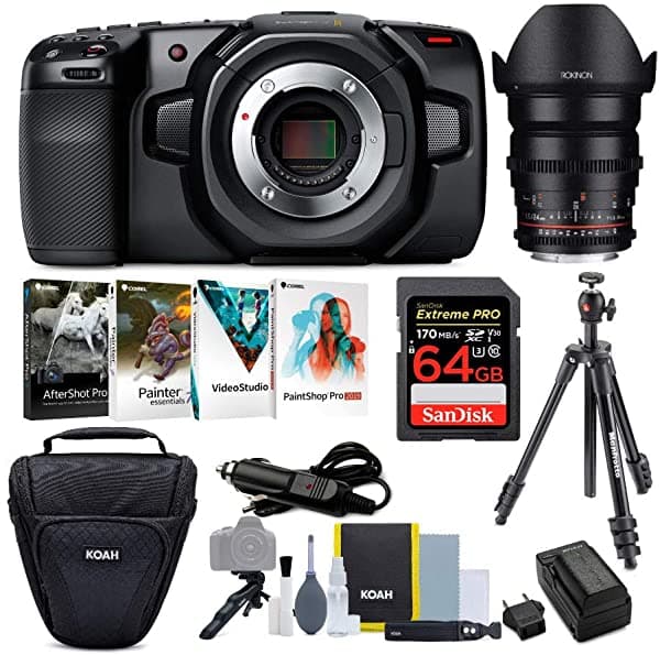 Blackmagic Design Pocket Cinema Camara 4K Content Creator Bundle Con Batería Koah Y Cargador Software De Fotos Corel Funda Koah Y Trípode Tarjeta Sandisk De 64 Gb Y Paquete De Lentes De Cine De 0.945 In (7 Artículos) CINECAMPOCHDMFT_K3