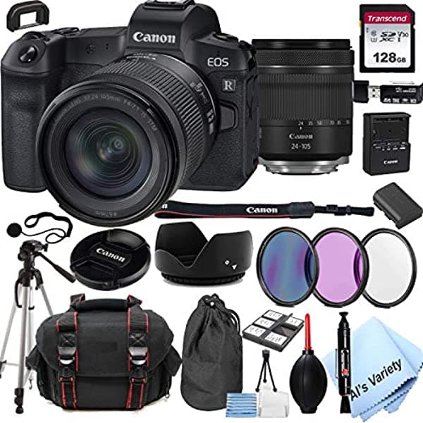 Al's Variety-Canon int. Cámara Digital Canon Eos R Sin Espejo Con Lente De 24 A 4.134 In F/4-7.1 + Memoria De 128 Gb + Funda + Filtros + Trípode (24 Unidades)