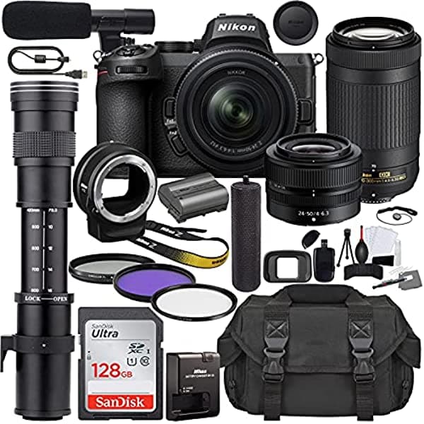 Cámara Digital Nikon Z5 Sin Espejo Con Lente De 0.945-1.969 In (1642) Y Af-P 2.756-11.811 In + 16.535-31.496 In Mf Zoom Telefoto + Kit De Accesorios Prime Incluyendo Memoria De 128 Gb Micrófono Funda Y Más