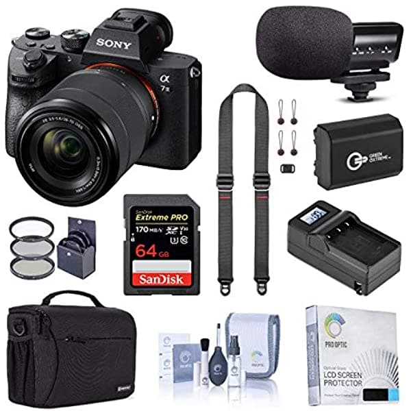 Sony Alpha A7 Iii Cámara Digital Sin Espejo Con Lente De 1.102-2.756 In Con Bolsa Tarjeta Sd De 64 Gb Batería Extra Cargador Inteligente Micrófono Correa Para El Cuello Y Accesorios