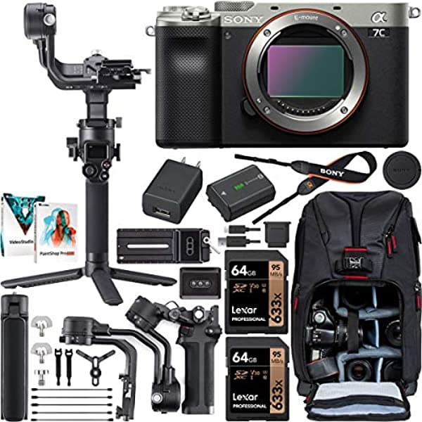 Sony A7C Cámara Full Frame Sin Espejo Cuerpo de Lente Intercambiable Solo Silver ILCE7C/S Kit de Cineasta con DJI RSC 2 Gimbal Estabilizador de Mano 3 Ejes + Mochila de Fotografía Deco + Software E78SNILCE7CS