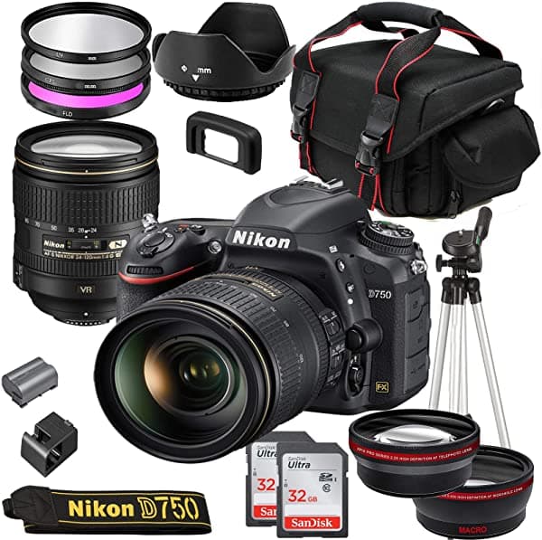 Cámara Dslr Nikon D750 Con Lente Vr De 24 A 4.724 In + Paquete De Inicio De Lujo Que Incluye 2 Tarjetas De Memoria Sd Sandisk De 32 Gb Lente Gran Angular Y Teleobjetivo Bolsa De Gadget Plus Nikon D750 24-120