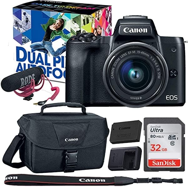 Canon Eos M50 Kit De Creador De Vídeo Con Lente Ef-M15-1.772 In Rode Videomic Go Funda Para Cámara Canon 100Es Y Cámara De Tarjeta De Memoria Sandisk De 32 Gb Tiene Wi-Fi Integrado Con Nfc Bluetooth + Lce-12 Y Lpe-12