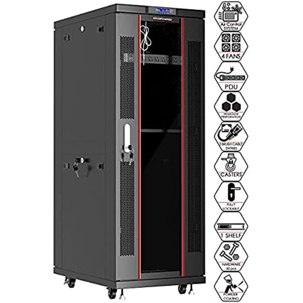Sysracks 37U - Armario De Datos Para Rack De Servidores (39.0 In De Profundidad Puertas Ventiladas Tamaño Completo Pantalla Lcd 4 Ventiladores De Refrigeración Tira De Alimentación De 8 Vías - Estante Ruedas - Entradas De Cable Ajustadas Al Polvo