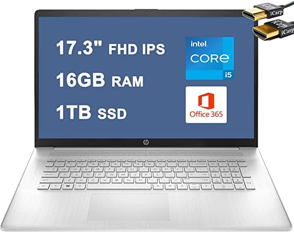 HP 17 Notebook Empresarial De 17.3 Pulgadas Pantalla FHD IPS Intel Quad-Core i5-1135G7 De 11ª Gen (Supera Al i7-1065G7) 16 GB RAM 1 TB SSD Intel Iris Xe Graphics Teclado Retroiluminado USB-C Win10 Plata + Cable HDMI HP Laptop 17