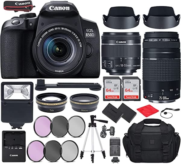 Canon Eos 850D (T8I) Cámara Dslr Con Ef-S 0.709-2.165 In F/4-5.6 Es Stm Ef 2.953-11.811 In F/4-5.6 Iii Paquete De Objetivos Accesorios De Viaje (Bolsa De Gadget Batería Extra Flash Digital Esclavo Memoria De 128 Gb + Más) Canon850D