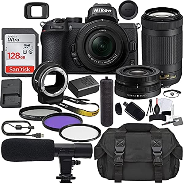 Nikon Z50 - Cámara Digital Sin Espejo Con Lente De 16-50 mm (1633) Y Paquete De Lentes AF-P De 70-300 mm + Kit De Accesorios Prime Que Incluye Memoria De 128 GB Micrófono Shotgun Funda De Cámara Empuñadura De Mano Y Más