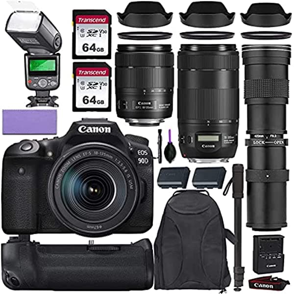 Canon EOS 90D Cámara DSLR Con Lente Canon 18-135 mm IS USM Canon 70-300 mm IS II USM & Commander 420-800 mm Teleobjetivo + Kit De Accesorios Elegante (2X Tarjeta De Memoria 64 GB Mochila Canon Flash TTL Y Más)