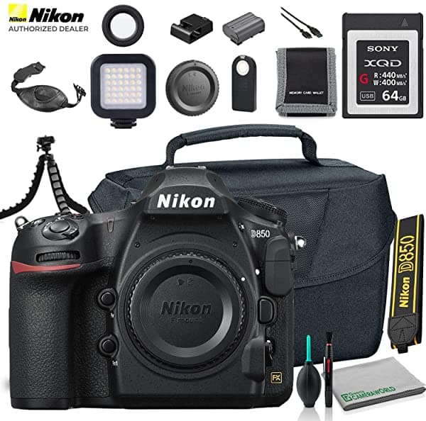 Nikon Cámara DSLR D850 (Solo Cuerpo) (1585) Modelo De Estados Unidos + Bolso Para Cámara + Tarjeta De Memoria Sony 64 GB XQD G Series + Disparador Remoto Inalámbrico + Correa De Mano + Luz De Video LED Portátil + Más