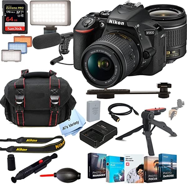 Nikon D5600 Kit De Cámara DSLR Con Lente VR De 18-55 mm | Wi-Fi Incorporado | 24.2 MP + Micrófono Shotgun + LED Continuo Siempre Encendido + Tarjeta De Alta Velocidad De 64 GB Empuñadura Y Más (Paquete De Video De 26 Piezas)