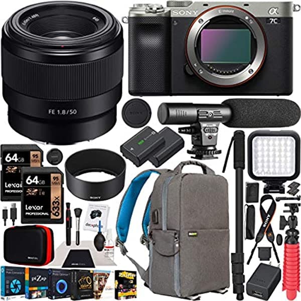 Sony A7C Cuerpo de Cámara Sin Espejo FE 50mm F1.8 Lente Full Frame SEL50F18F Plata ILCE7C/S Paquete con Deco Gear Fotografía Mochila Software y Accesorios E40SNILCE7CSX3
