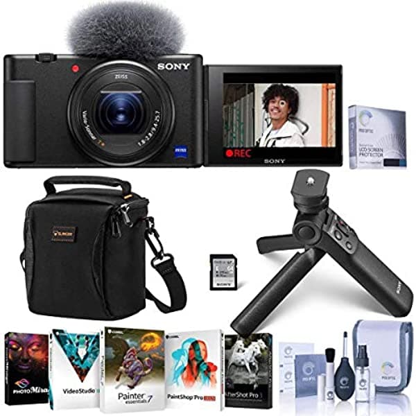 Sony ZV-1 Cámara Digital Compacta 4K HD Paquete Negro con Kit de Accesorios Vlogger Paquete de Software de PC Bolso de Hombro Protector de Pantalla Kit de Limpieza Vlog ZV-1