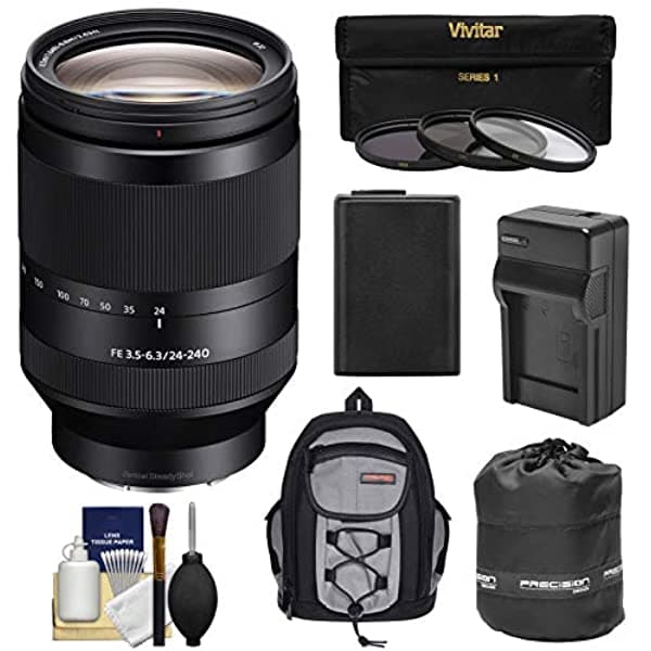 Sony Alpha E-Mount Fe 24 - 240 Mm F/3.5 - 6.3 Oss Lente De Zoom Con 3 Filtros + Batería + Mochila + Pouch Kit Y Cargador Para A7 A7R A7S Mark Ii Cámaras K-87556-03
