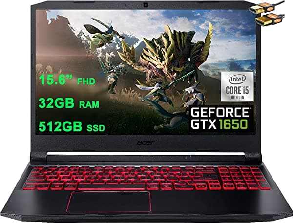 Flagship Acer Nitro 5 Gaming Notebook 15.6" FHD IPS Pantalla 10ª Generación Intel 4-Core i5-10300H (supera al i7-8750H) 32GB RAM 512GB SSD GeForce GTX 1650 4GB Retroiluminado WiFi6 USB-C Win10 + Icarp Mouse Inalámbrico