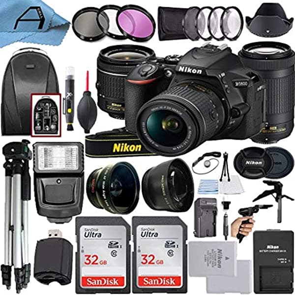 Nikon D5600 Cámara Dslr Sensor De 242 Mp Con Nikkor 0.709-2.165 In Vr Y Lente Dual De 2.756-11.811 In 2 Paquetes Sandisk Tarjeta De Memoria De 32 Gb Mochila Trípode Luz Esclava Y Paquete De Accesorios De Celda A (Negro)
