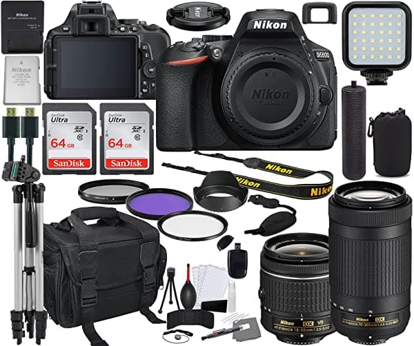 Nikon D5600 Cámara Dslr Con 0.709-2.165 In Y 2.756-11.811 In Paquete De Lente (1580) + Kit De Accesorios Prime Que Incluye Memoria De 128 Gb Luz Funda Para Cámara Agarre De Mano Y Más