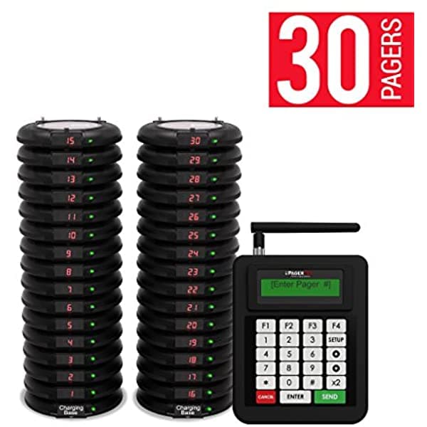 Sistema Completo De Paginación De Posavasos Para Restaurantes Hospitales Y Hoteles | Consta De 1 Transmisor 2 Bases De Carga Y Buscadores De Largo Alcance (Juego De 30 Unidades) | Hasta 2 Millas De Alcance Por Pagertec Smart Stack Coaster