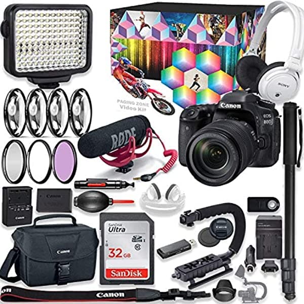 Canon Eos 80D Dslr Cámara Premium Video Creator Kit Con Lente De 0.709-5.315 In + Sony Monitor Series Auriculares + Video Led + 32 Gb De Memoria + Monopie + Paquete De Accesorios De Gama Alta 80D VCK