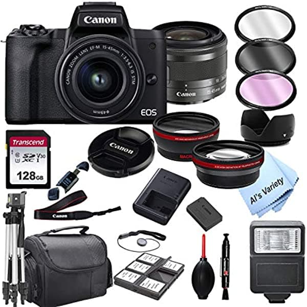Al's Variety-Canon Intl. Cámara Digital Canon Eos M50 Mark Ii Sin Espejo Con Lente De Zoom De 15 A 1.772 In + Tarjeta De 128 Gb Trípode Funda Y Más (24 Unidades)