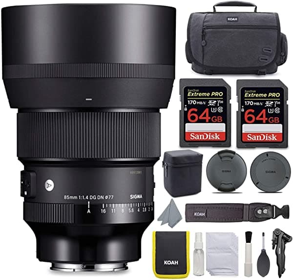 Sigma 3.346 in f/1.4 DG DN Art Lente para Sony E Bundle con Tarjeta SD Extreme Pro de 64GB y Bolso para Cámara Koah Messenger Kit de Viaje Avanzado (4 unidades) ASIG322965K2