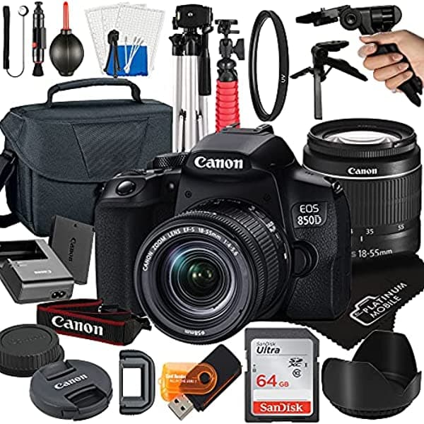 MegaAccessory Cámara Réflex Digital Canon Eos 850D / Rebel T8I Con Lente Zoom De 0.709-2.165 In + Accesorio Móvil Platino. El Paquete Incluye Tarjeta Sandisk De 64 Gb Funda Y Más (Paquete De 21 Unidades) (Lente De 0.709-2.165 In Tarjeta De 64 Gb)