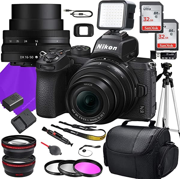 Cámara Nikon Z50 Dx Sin Espejo Con Lente Nikon Z Dx 0.630-1.969 In F/3.5-6.3 Vr + 64Gb De Memoria + Trípode + Paquete De Accesorios (22 Unidades En Total)