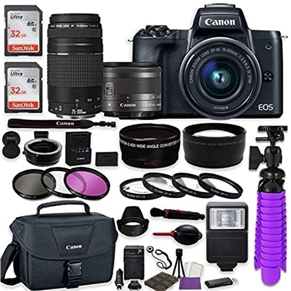 Canon Eos M50 Sin Espejo Cámara Digital (Negro) Premium Accesorio Bundle Con Ef-M Is Stm + Ef + 75 - 300 Canon Funda Resistente Al Agua + 64 Gb De Memoria + Hd De Filtros + Auxiliar Lentes Canon M50