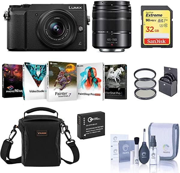 Panasonic Lumix Dmc-Gx85 Camara Sin Espejo Negro 12-32 Mm Y 45-150 Mm Lente Bundle Fondo 32Gb Kit De Filtro De Tarjeta Sd Bateria Y Accesorios