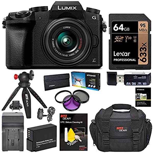 Ritz Gear Panasonic Lumix Dmc-G7 - Cámara Digital De Cuatro Tercios Sin Espejo (Lente De 0.551-1.654 In Memoria Lexar De 64 Gb Bolsa Para Cámara Trípode Para Mesa) PNDMCG7KK