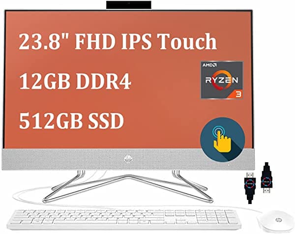 HP 24 Premium Computadora de Escritorio Todo en Uno | 23.8" FHD IPS Pantalla Táctil 72% NTSC | AMD Quad-Core Ryzen 3 4300U (supera al i7-8550U) | 12GB DDR4 512GB SSD | WiFi Bluetooth Webcam Win 10 Blanco + Cable HDMI ‎HP 24 All-in-One