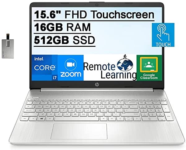 2021 HP 15.6" FHD IPS Pantalla Táctil Intel Core i7-1165G7 (supera al i7-1065G7) 16GB RAM 512GB SSD Intel Iris Xe Graphics Cámara Web HD Audio HD Win 11 S Plata + Snowbell Tarjeta USB de 32GB